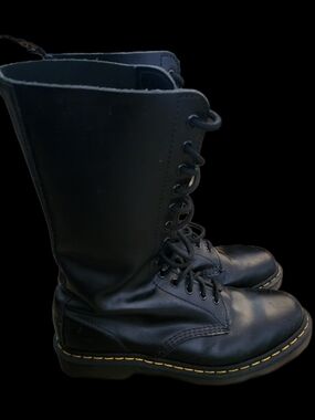 Dr. Martens Black Leather High-Lace Combat Boots with Yellow Stitching